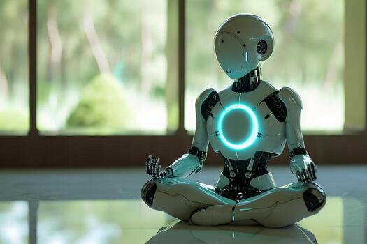 AI generated Robot android meditating. Generate Ai photo