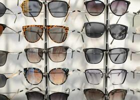 Sunglasses on display shelves in glasses store photo
