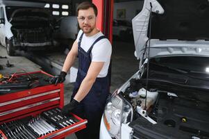 Auto mechanic working on car engine in mechanics garage. Repair service. photo