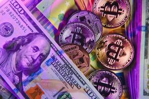 euro banknotes and coins, dollar banknotes with bitcoin. High quality photo. photo