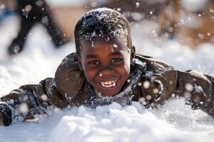 AI generated African boy sliding on snow in warm clothes. Generate ai photo