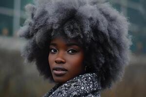 AI generated Afro girl grey hair studio portrait. Generate Ai photo
