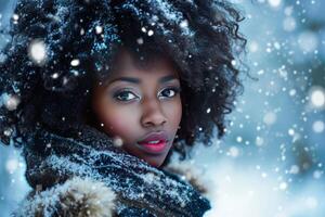 AI generated African curly woman portrait in winter. Generate ai photo