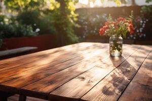 AI generated A wooden table on a sunlit outdoor patio. Generative AI photo