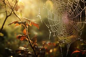 AI generated An offbeat angle capturing a spider's web with dewdrops glistening in the morning sun. Generative AI photo