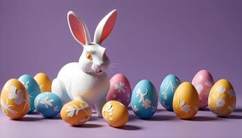 AI generated Easter Day Photo Shoot Bunny Rabbit and Painted Eggs in Bright Paper Cut Style