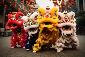 AI generated Lion dance performers wearing elaborate costumes. Generative AI photo