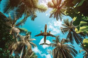 AI generated Airplane over tropical palm. Generate Ai photo