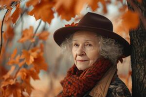 AI generated Age woman on autumn background. Generate ai photo