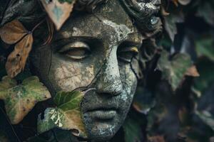 AI generated Ancient statue autumn leaves. Generate Ai photo