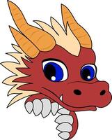 Fantasy and cute red dragon head with horns on its head and paws under its head in cartoon style vector