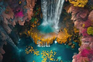 AI generated Aerial waterfall colorful. Generate Ai photo