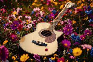 AI generated Acoustic guitar flowers. Generate Ai photo