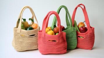 AI generated Crocheted market bags in eco-friendly for sustainable shopping. Generative AI photo