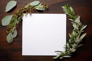 AI generated Blank paper surrounded by greenery on a wooden table. Generative AI photo