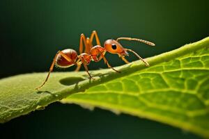 AI generated A detailed shot of a busy ant carrying a leaf many times its size. Generative AI photo