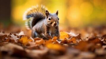 AI generated A squirrel standing on top of a pile of leaves. Generative AI photo