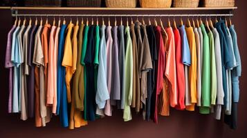 ai generado un libre de desorden armario con ropa ordenado por color. generativo ai foto