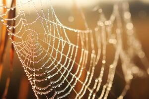 AI generated An extreme close-up of a dew-covered spiderweb in the morning light. Generative AI photo