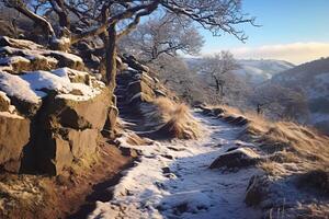 AI generated The rugged beauty of a mountain trail in winter. Generative AI photo