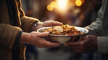 AI generated Close-up of hands offering a warm meal to a homeless person. Generative AI photo