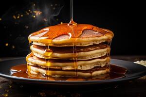AI generated A stack of pancakes with a drizzle of maple syrup. Generative AI photo