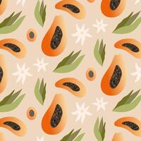 Tropical seamless pattern with colorful exotic half papaya fruit, leaves and flowers on background. vector