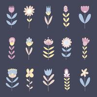 Beautiful spring flower collection with flowers, leaves, floral elements, branches. Vector icons, botanic set of isolated nature objects.