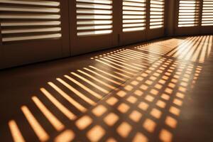 AI generated A close up of sunlight streaming through blinds, casting geometric patterns on the floor. Generative AI photo