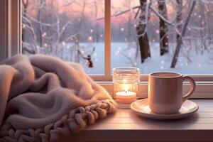 AI generated Cozy winter scene mockup with a blanket, a cup of cocoa, and frosty window lighting. Generative AI photo