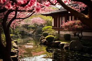 AI generated A peaceful garden with serene afternoon blossoms. Generative AI photo