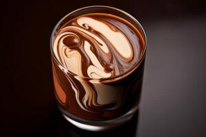 ai generado anacardo Leche en un vaso con un remolino de chocolate jarabe. generativo ai foto