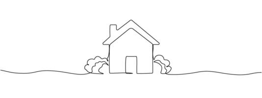 Drawing continuous single editable line of small rustic house with garden trees. Residential house concept in simple single line style . Vector illustration.