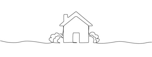 Drawing continuous single editable line of small rustic house with garden trees. Residential house concept in simple single line style . Vector illustration.