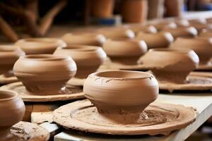 AI generated A potter's wheel with clay pots in the process of taking shape. Generative AI photo