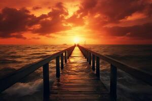 AI generated A pier stretching into a golden sea at sunset. Generative AI photo