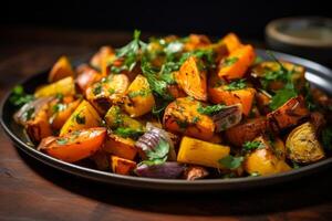AI generated A plate of roasted root vegetables with fresh herbs. Generative AI photo