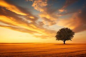 ai generado el silueta de un solitario árbol en un dorado campo. generativo ai foto