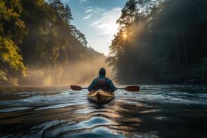 ai generado un kayakista navegando un sereno río, encarnando el recreativo valor de limpiar agua. generativo ai foto