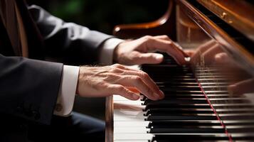 AI generated Close-up of a pianist's hands playing a grand piano. Generative AI photo