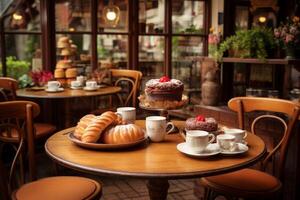 AI generated A table in a cozy cafe with pastries. Generative AI photo