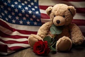 AI generated An American flag gently draped over a child's teddy bear in a Patriot Day tribute. Generative AI photo