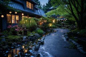 AI generated A peaceful garden at the onset of blue hour. Generative AI photo