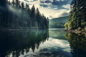 AI generated A tranquil reflection of a forest mirrored in the glassy waters of a lake. Generative AI photo