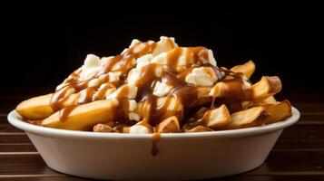 AI generated Greasy and mouthwatering poutine with crispy fries, cheese curds, and rich gravy. Generative AI photo