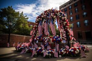 AI generated A Patriot Day memorial adorned with wreaths, ribbons, and an American flag at half mast. Generative AI photo