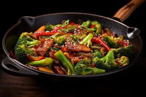 ai generado un abundante tocino y vegetal remover freír en un wok generativo ai foto