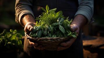 AI generated A farmer's hands holding freshly picked herbs. Generative AI photo