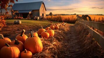 AI generated Scenic countryside landscape with a rustic barn and pumpkins scattered in a field, capturing the essence of rural autumn. Generative AI photo