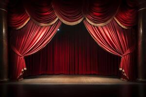 AI generated Theater curtains opening to reveal a show. Generative AI photo